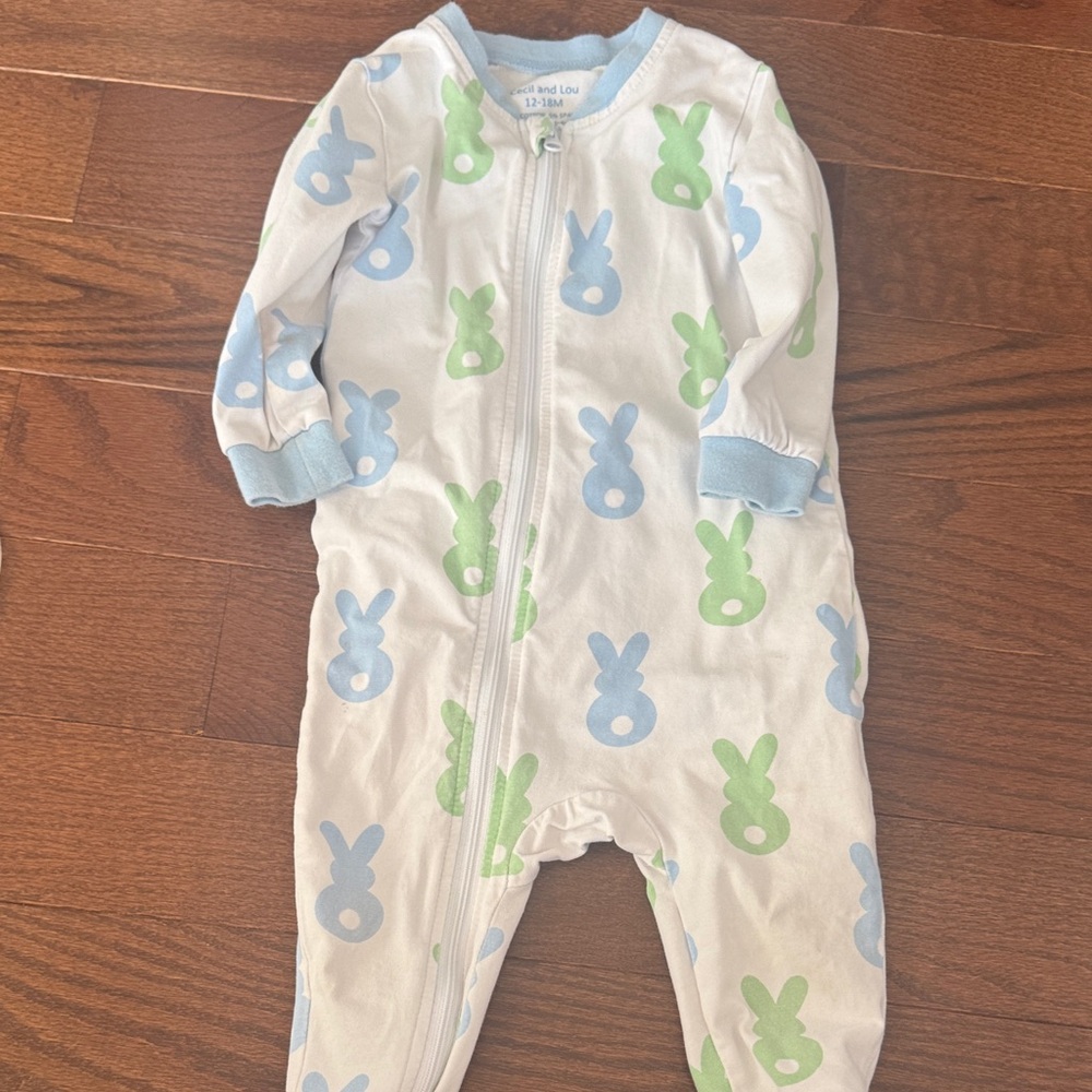 Baby One Piece with Blue and Green Bunny Print with monogrammed “L”
